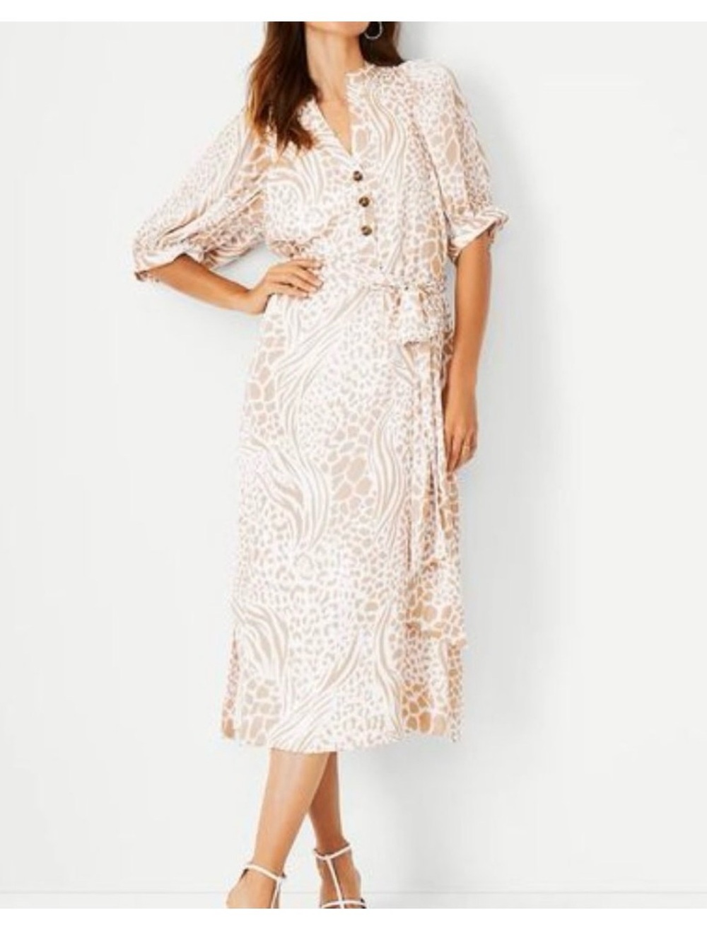 Neutral Animal Print Midi Dress with Tie Waist